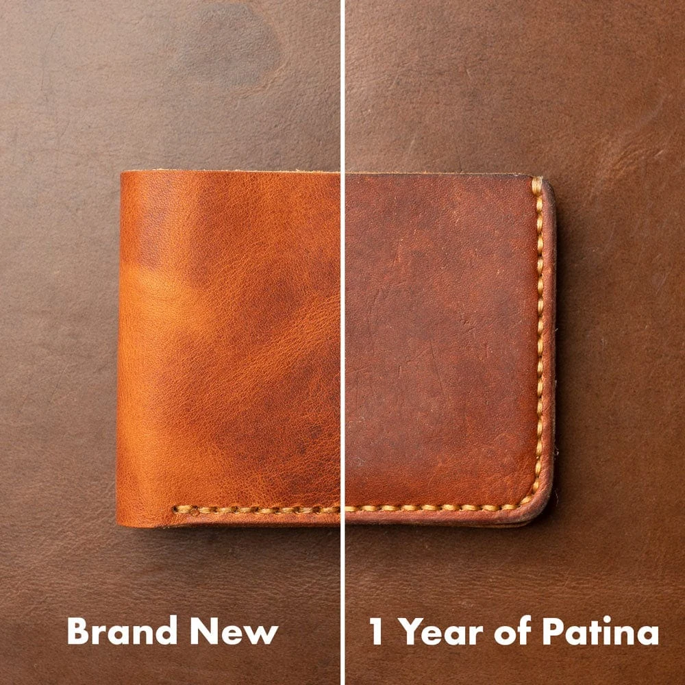 The same wallet photographed twice by Popov Leather: brand new on the left, after 1 year of patina on the right